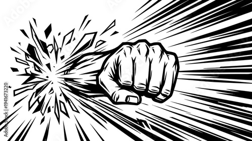 Powerful fist breaking through a barrier with explosive impact and speed lines in a dynamic comic book style illustration.