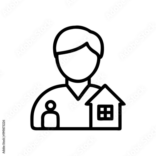 Professional figure standing beside a house icon symbolizing real estate or home services isolated on white background, Vector