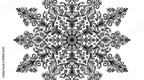 Intricate black and white ornamental design with symmetrical floral patterns and elegant scrollwork, resembling a decorative mandala or snowflake.