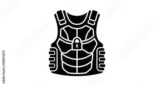 Black silhouette icon of a bulletproof vest with a padlock symbol, representing security and protection.