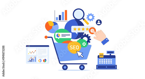 SEO Marketing Strategy for E-commerce: Shopping Cart with Business Growth Icons, Analytics & Customer Reviews