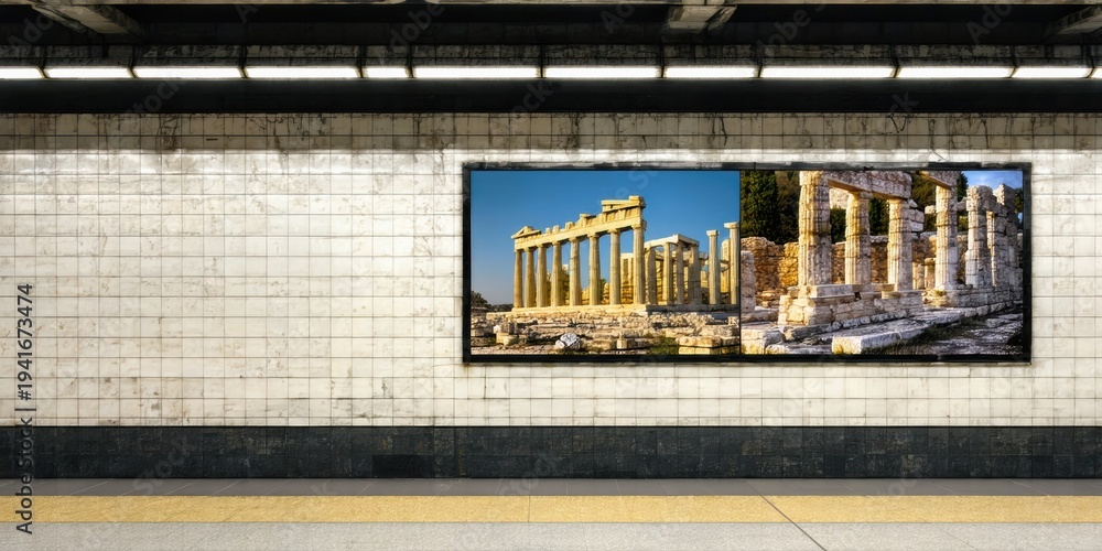 Obraz premium Subway station displays ancient ruins. Bright image contrasts dark tunnel walls, floor. Clean tile surfaces present modern setting.