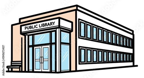 Public Library Building Cartoon Illustration.
