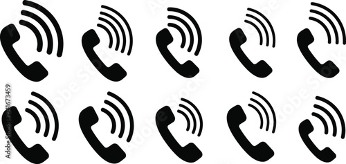 Phone Call Icon Set with Ringing Telephone Symbols for Communication, Contact Support, Incoming Call Alerts, and Mobile Interface Design