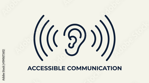 Line art icon representing accessible communication with an ear and sound waves, symbolizing hearing and inclusivity for all.
