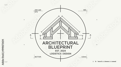 Architectural blueprint logo featuring a detailed roof structure within a circular design, with text 'Architectural Blueprint Est. 2024 Logistics | Design' on a light background.