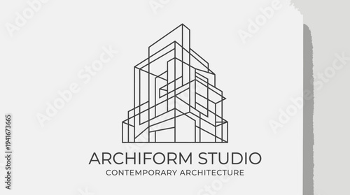 A minimalist line art logo for Archiform Studio, representing contemporary architecture with an abstract geometric building design.