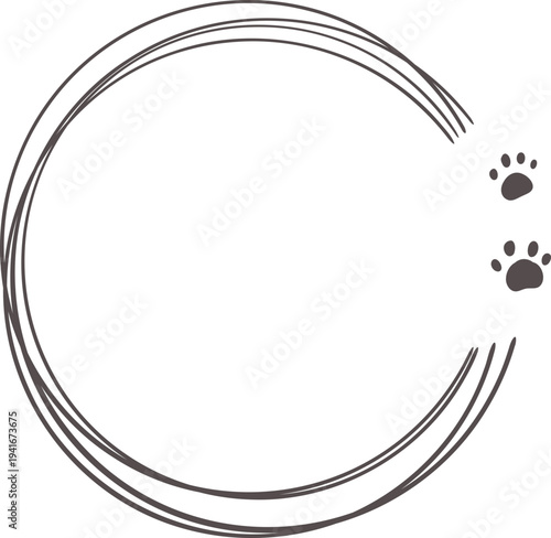 Empty cute cat or dog, pet frame set, speech bubble with ears and tail, border with paw print. Doodle sketch hand drawn elements. Footprint badge, border divider