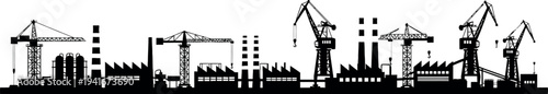 Industrial cityscape with factories and cranes, representing manufacturing and production in a cityscape