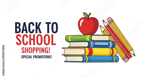 Vector illustration of books, apple and pencils for back to school