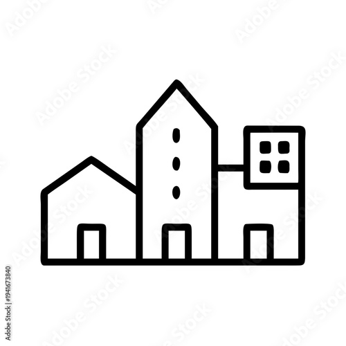 Line drawing of three connected buildings with a solar panel on the tallest structure isolated on white background, Vector