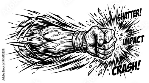 Dynamic black and white illustration of a powerful muscular fist punching with explosive force, creating a shattering impact effect with speed lines and comic book sound effects.