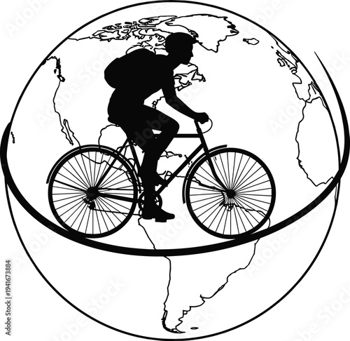 Cyclist riding bicycle around world globe silhouette, global cycling travel concept vector illustration for adventure, eco transport and tourism