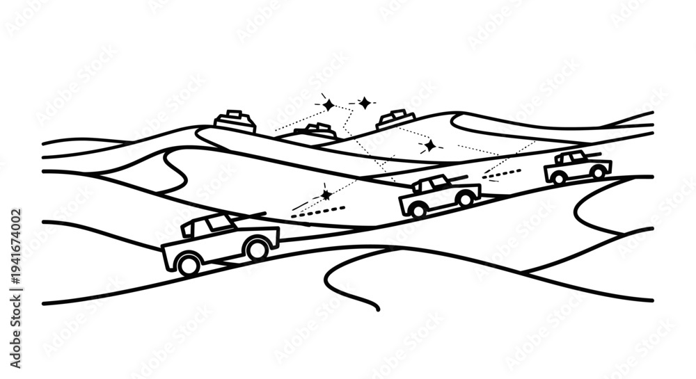 Fototapeta premium Desert convoy: Military trucks and tanks advance across sand dunes under a starry sky.