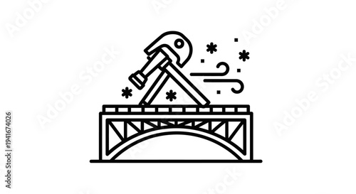 Construction worker with hammer on bridge during snowstorm, industrial work concept