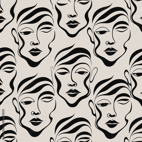 Seamless Minimalist Line Art Woman Face Pattern for Beauty Branding Skincare Packaging Fashion Textile and Social Media Background