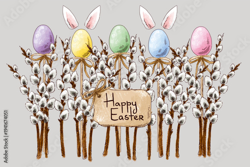Clip art with Easter eggs, willow branches, cardboard sign and ears. Happy Easter. Vintage postcard composition. Imitation of pastels, hand-drawn.