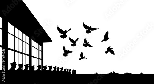 Doves Flying Over Ceremony with Silhouetted Audience and Ships