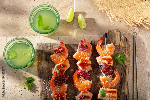 Hot roasted skewer as summer delicacy in garden.