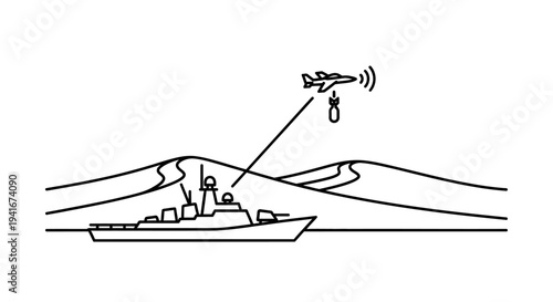 Drone warfare: military ship controlling drone dropping bomb over desert landscape