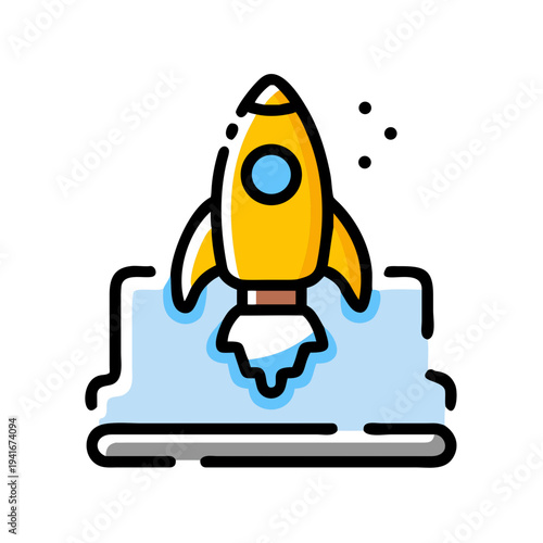 A stylized illustration of a yellow rocket launching into space isolated on white background, Vector
