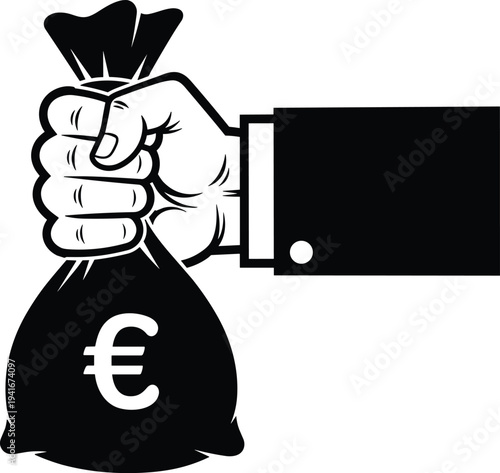 Hand holding euro money bag illustration, financial profit wealth investment concept vector symbol for banking economy and business