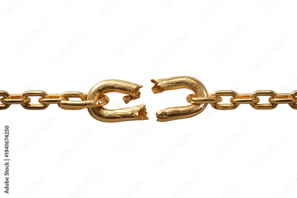 Fototapeta premium Gold chain link breaking, representing freedom, liberation, release, weakness, and the end of connection on a transparent background