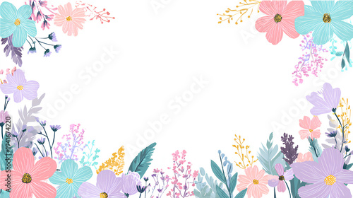 Cute pastel floral border frame with blank white page minimal flat illustration stationery concept