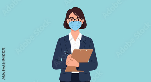 Woman wearing a face mask holding a clipboard and pen.