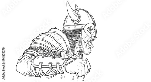Furious Viking Warrior with Horned Helmet and Chainmail, Punching Forward
