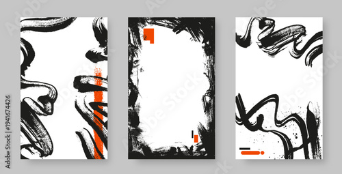 Abstract Asian style background set with black ink brush strokes, vertical banners. Calligraphy stamp elements and typographic poster templates. Vector illustration.