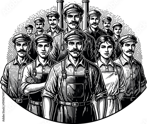 A diverse group of hardworking men and women in work overalls, united in a strong team standing together with pride