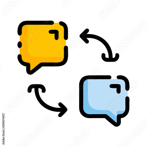 Two speech bubbles connected by circular arrows indicating conversation flow isolated on white background, Vector