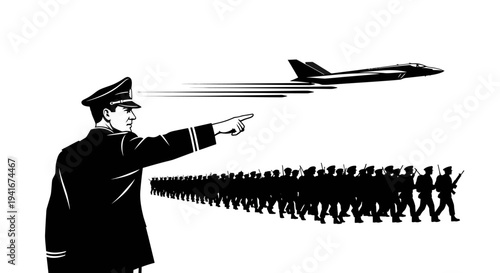 Military Commander Directs Marching Soldiers Under Jet Plane