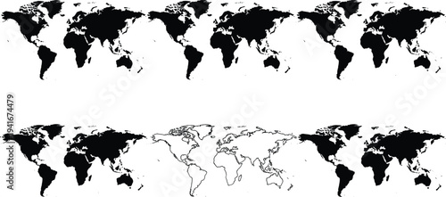 World map vector collection with solid and outline global maps, earth continents silhouettes for geography, travel and infographic design