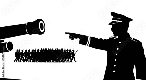 Military Commander Directs Marching Soldiers and Artillery Cannon in Silhouette