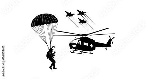 Military Helicopter and Paratrooper with Fighter Jets in Sky - Black and White Silhouette