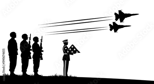 Military Honor Guard and Fighter Jets Flyover Silhouette