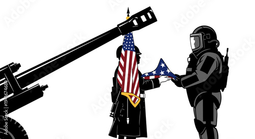 Military Honor Guard with Flag and Artillery Cannon, Soldier in Riot Gear