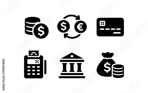 Collection of financial icons representing money, banking, and transactions