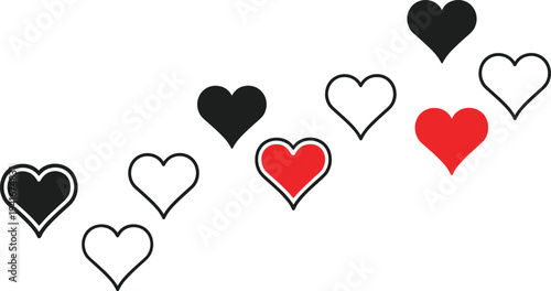 Heart Love Icon Set with Red and Black Valentine Symbols for Romantic Emotions, Favorite Like Buttons, Relationship Design, and Social Media Interface
