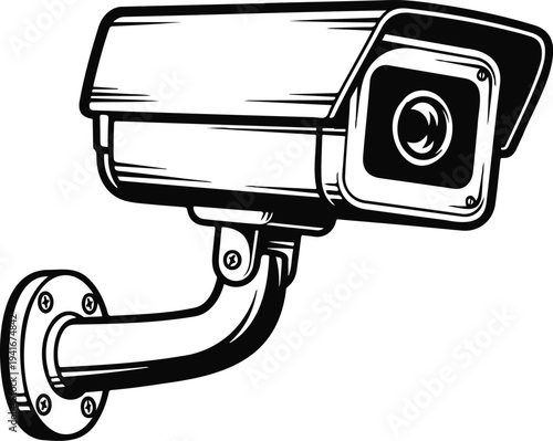 Vector art of a black and white surveillance camera is mounted on a wall for security purposes
