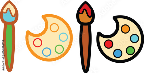 Vector illustration of a brush and paint, set of brushes, and paint brush with a colorful palette and art symbol for child design