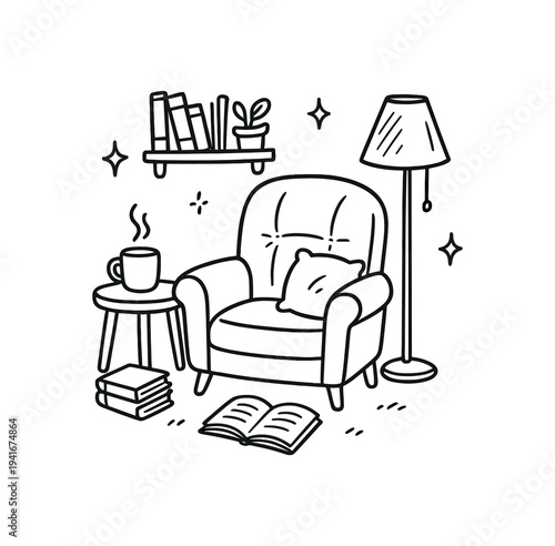 Black outline illustration of a comfy armchair with cushion, floor lamp, side table with steaming mug, books and wall shelf