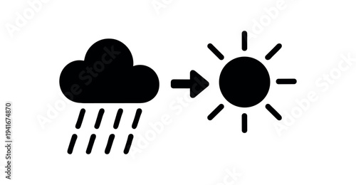 Simple black silhouette of a rainy cloud, an arrow, and a sun representing a change from rain to sunny weather.