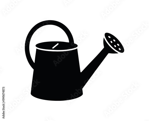 Minimal black silhouette of a classic watering can with handle and sprinkler rose, bold icon suitable for gardening apps, signs, or packaging.