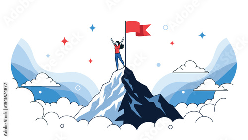 Victorious woman standing on a mountain peak, holding a red flag, symbolizing achievement, success, overcoming challenges, and reaching goals.