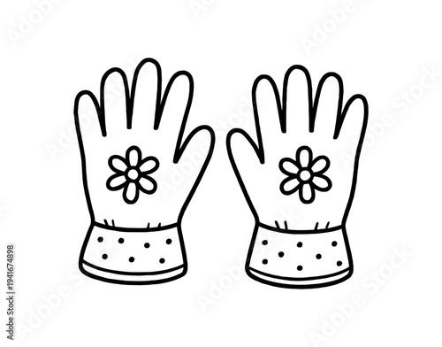 Black outline illustration of a matched pair of gloves decorated with a flower on each palm, suitable for gardening or craft use.