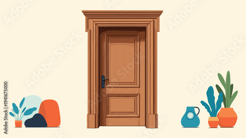 Elegant wooden door with intricate trim, flanked by potted plants, creating a simple yet sophisticated interior design element.