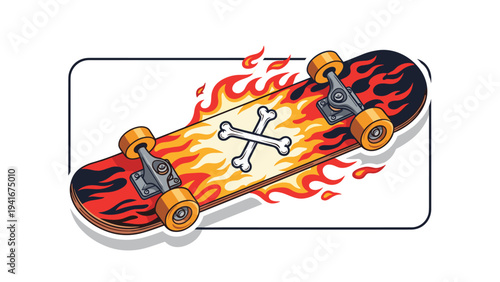 Dynamic illustration of a skateboard with flames and crossed bones, conveying an energetic, rebellious, and extreme sports aesthetic.